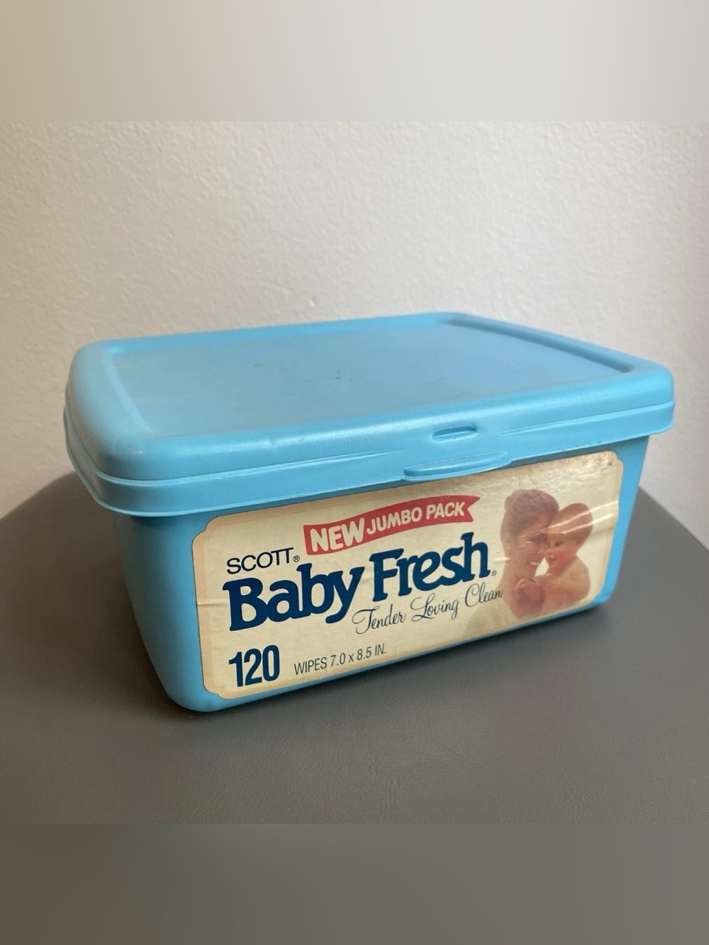 Vintage 1980s Scott Baby Fresh 120 Wipes Jumbo Pack Blue Plastic Container Prop